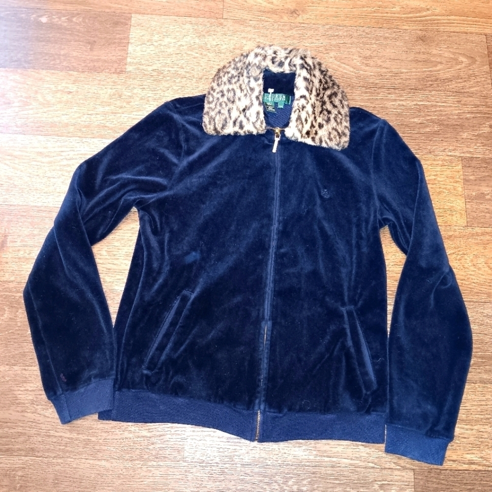 Y2k Lauren Ralph Lauren Navy Velvet Jacket with Animal Print Collar Sz Ps